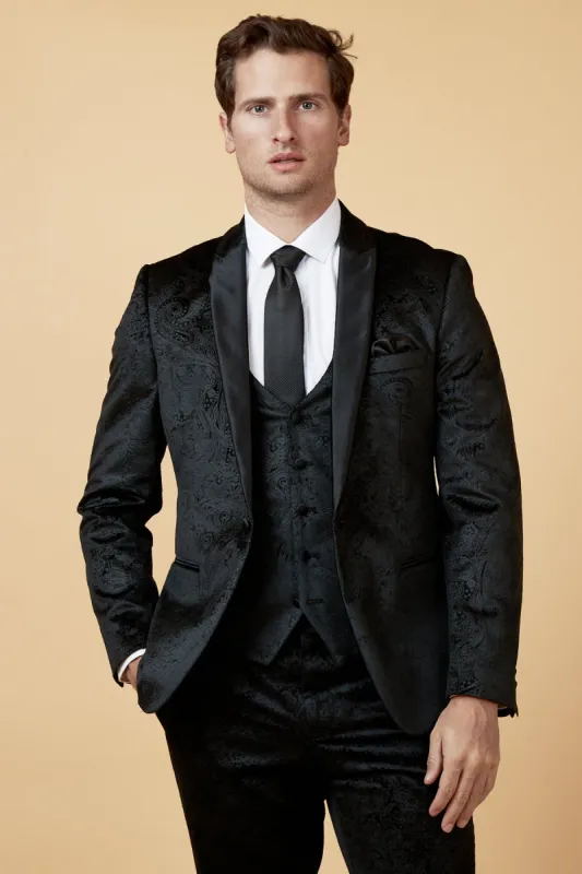 SIMON - Black Velvet Tux Lapel Jacquard Blazer sold by Marc Darcy