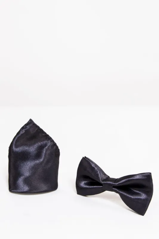 STANLEY - Satin Bow Tie and Pocket Square Set In Black sold by Marc Darcy