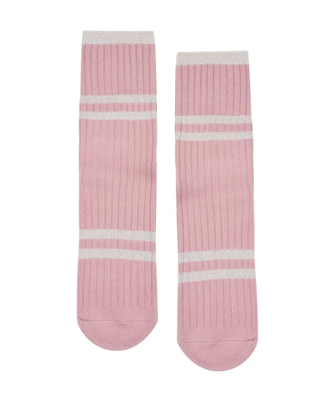 Lightweight Crew Non Slip Grip Socks - Ribbed Metallic Stripe in Dusty Rose sold by MoveActive