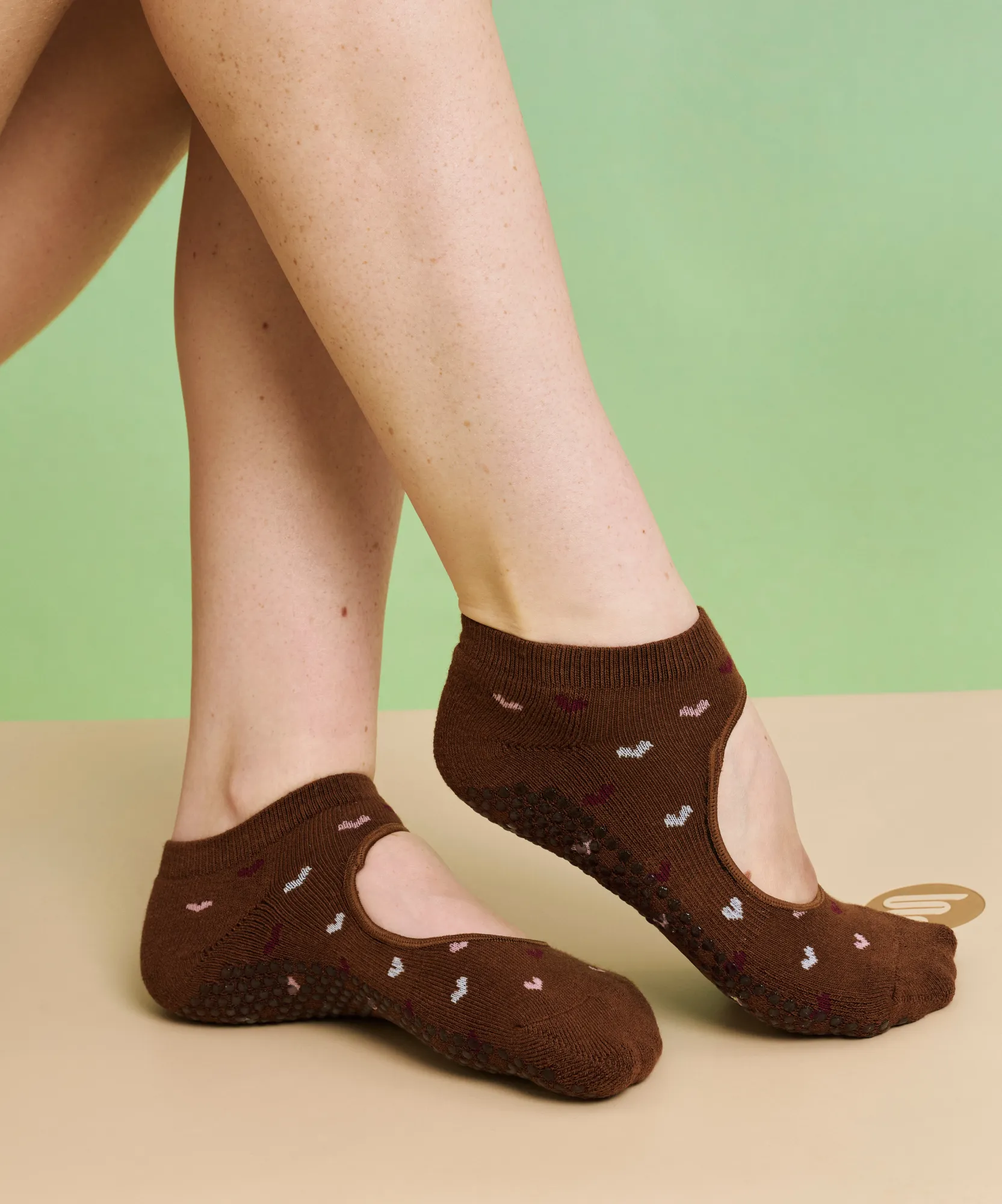 Slide On Non Slip Grip Socks - Hearts Aflutter Brown sold by MoveActive