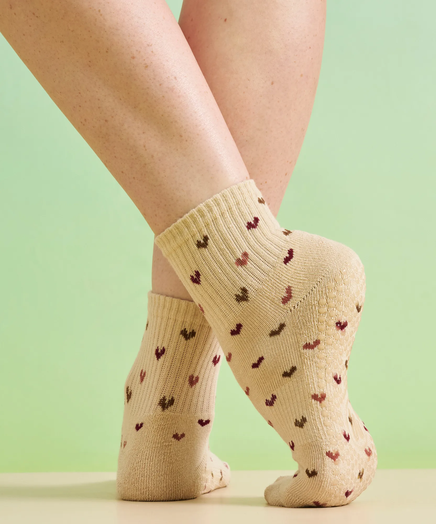 Quarter Crew Non Slip Grip Socks - Hearts Aflutter Beige sold by MoveActive