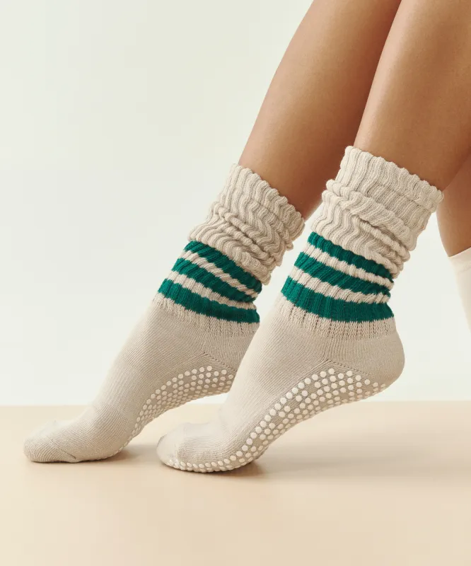 Scrunch Non Slip Grip Socks - Oat Emerald Stripe Slouch sold by MoveActive