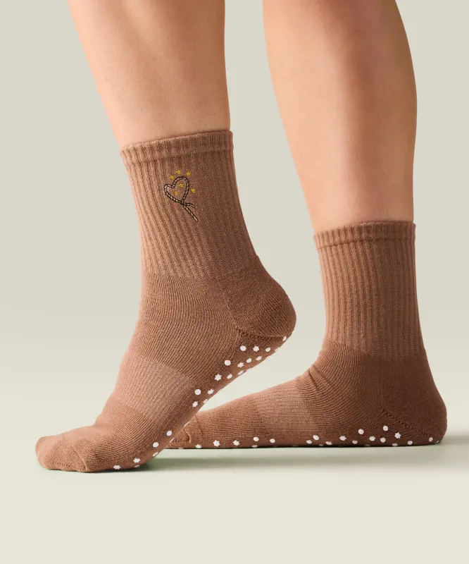 Crew Non Slip Grip Socks - Lasoo Heart Tan sold by MoveActive