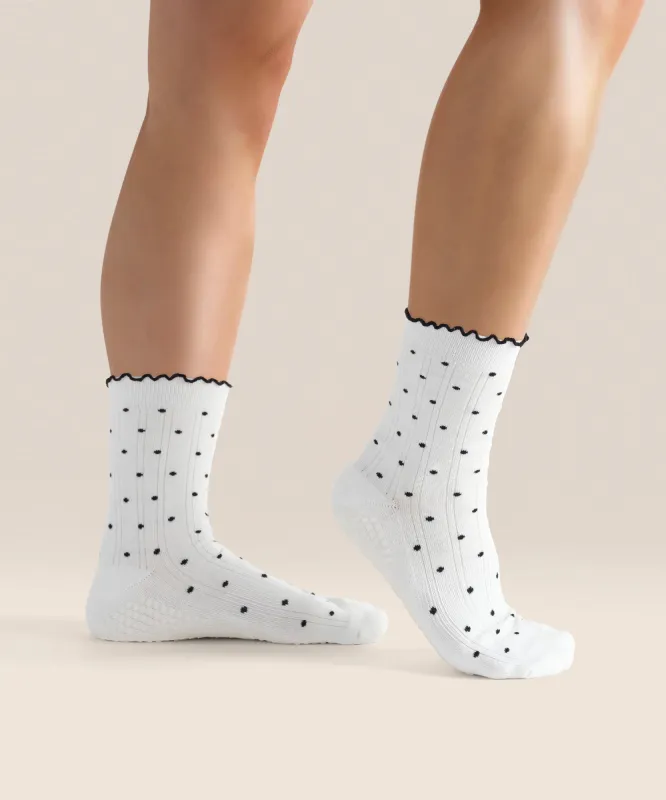 Crew Non Slip Grip Socks - White Polka Ruffle sold by MoveActive