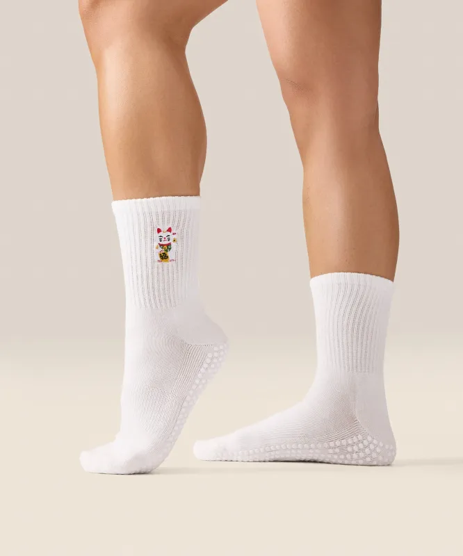 Crew Grip Socks - Fortune Kitty Ivory sold by MoveActive