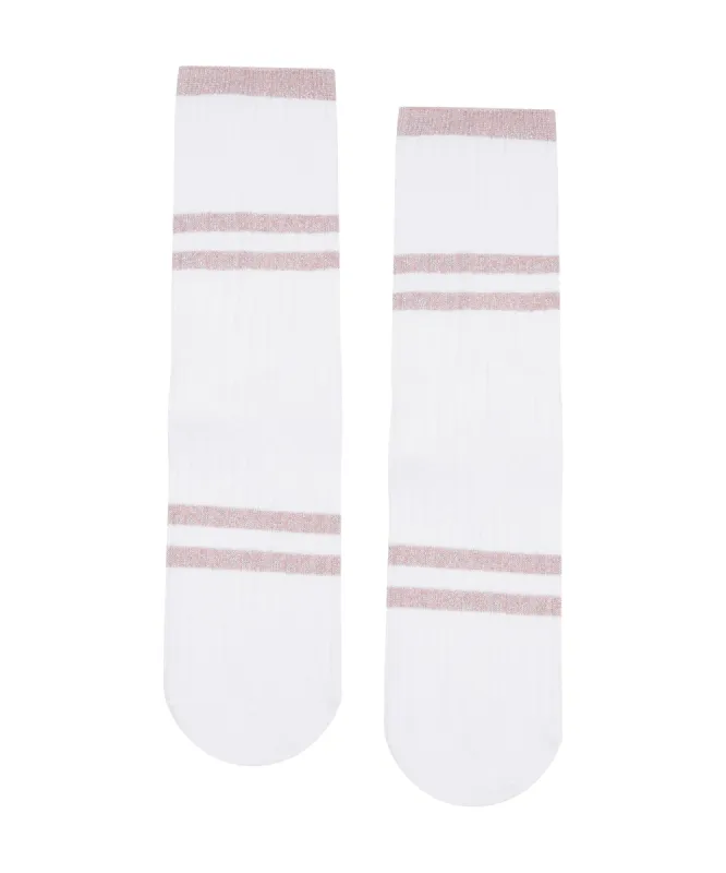 Lightweight Crew Non Slip Grip Socks - Ribbed Metallic Stripe in White/Rose sold by MoveActive