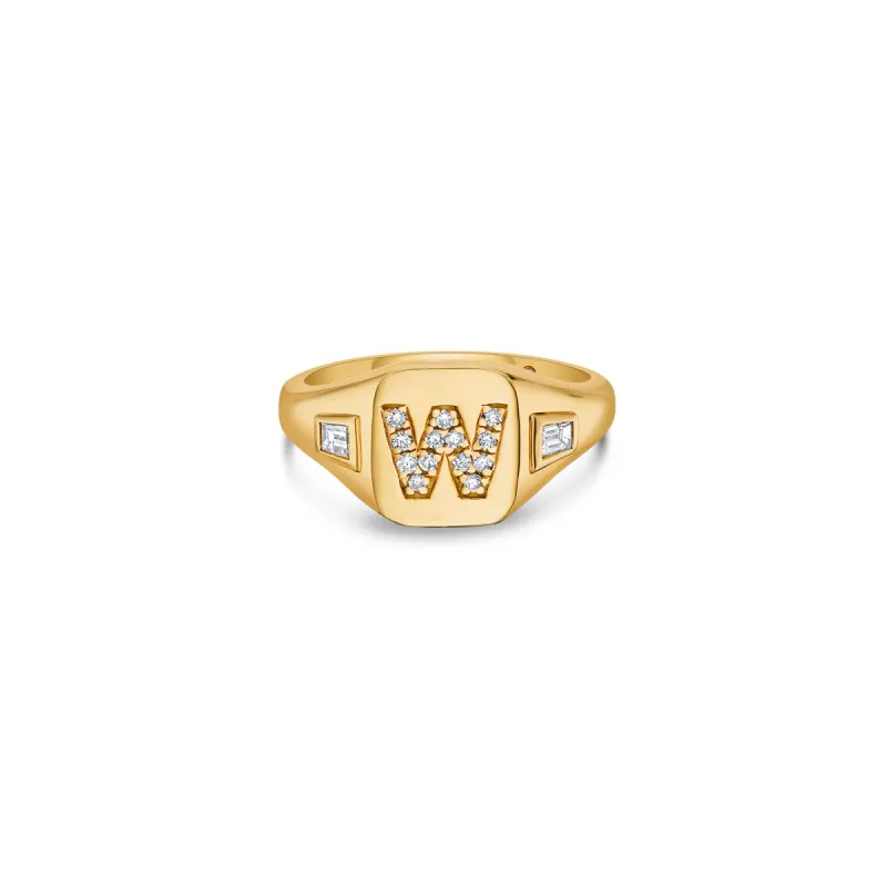 Initial Signet Ring with Baguette and Round Lab Diamonds sold by Promise By Effy