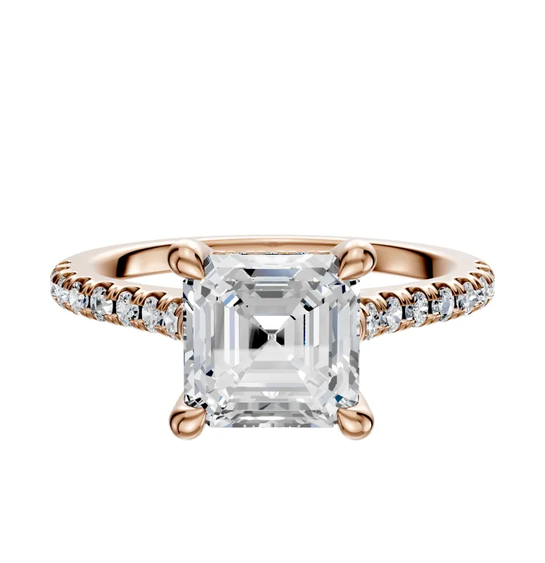 14K Rose Gold 4 Prong Hidden Halo Cathedral Dome 1-Row-Pave 2.5mm Engagement Ring sold by Promise By Effy