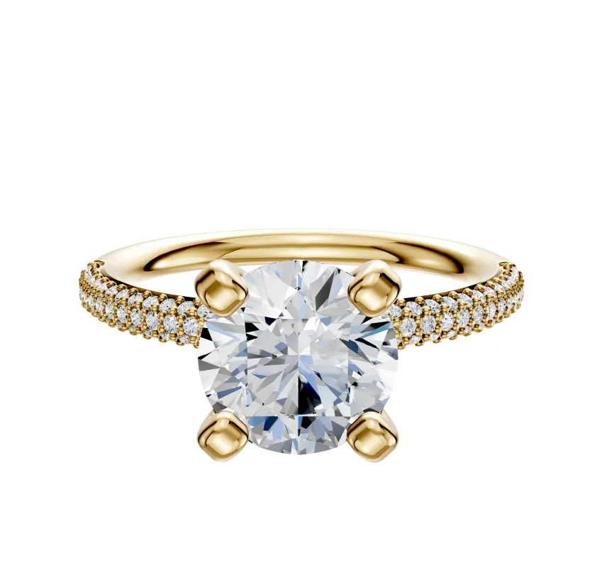 14K Yellow Gold 4 Prong Classic Dome 3-Row-Pave 2.0mm Engagement Ring sold by Promise By Effy
