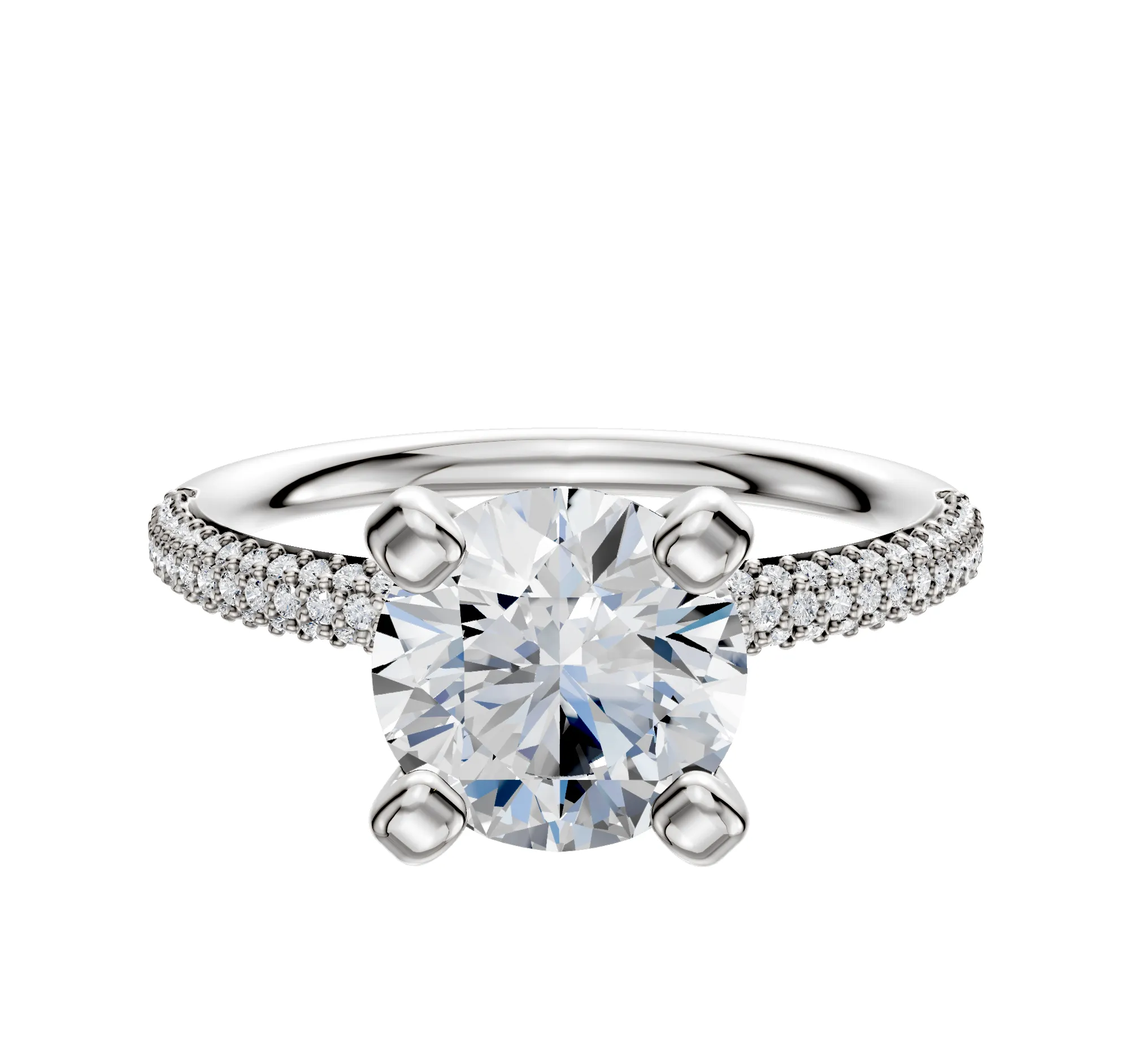 18K White Gold 4 Prong Classic Dome 3-Row-Pave 2.0mm Engagement Ring sold by Promise By Effy