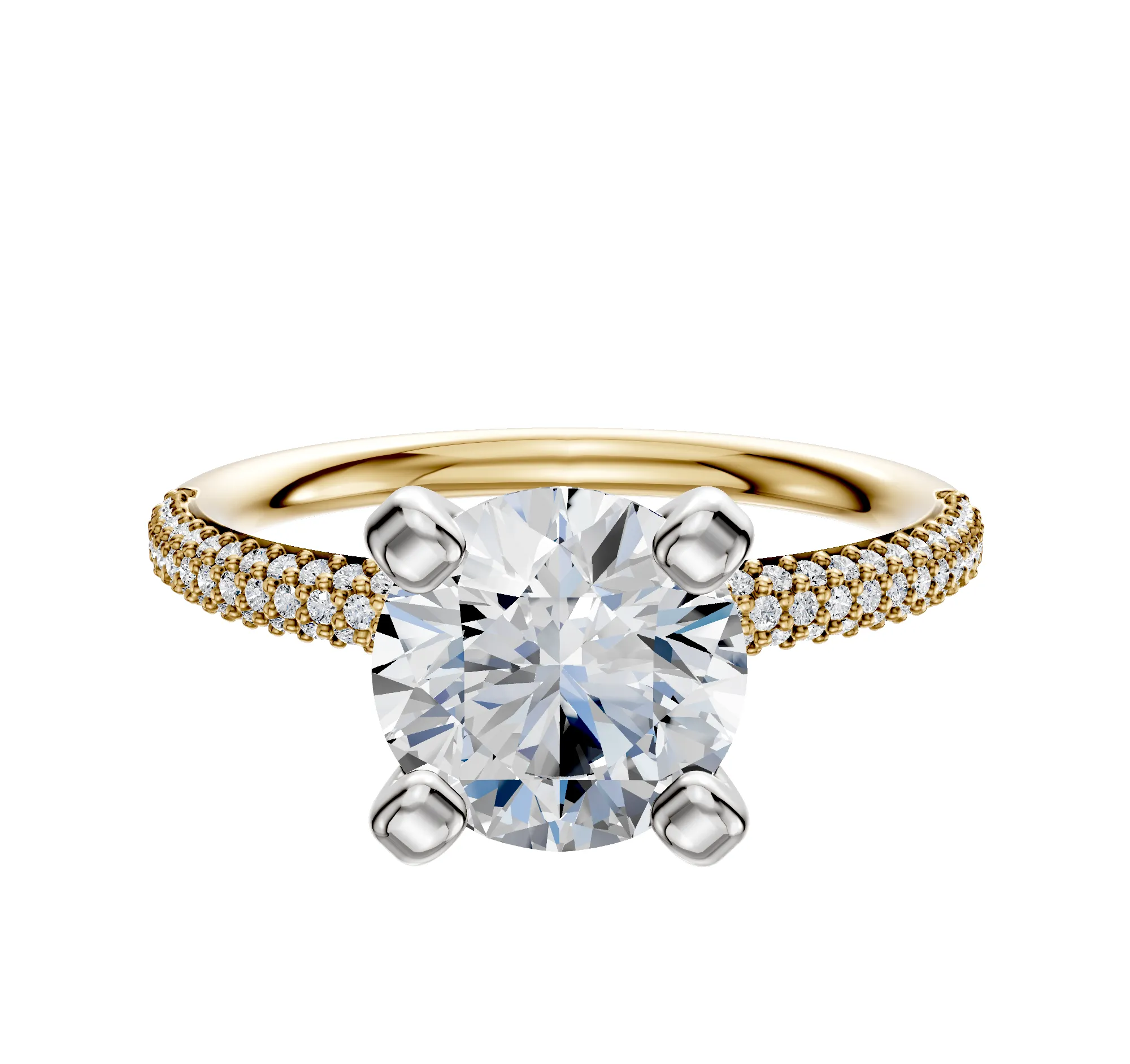 18K Two Tone 4 Prong Classic Dome 3-Row-Pave 2.0mm Engagement Ring sold by Promise By Effy