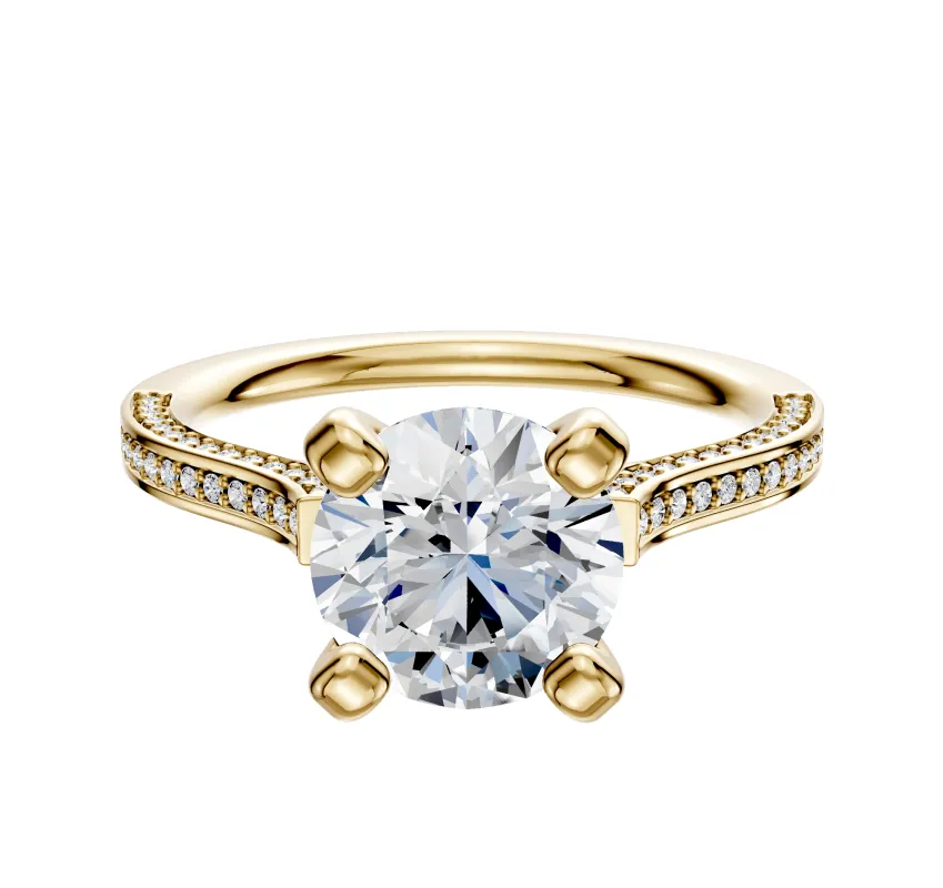 18K Yellow Gold 4 Prong Cathedral Flat 3-Row-Pave 2.0mm Engagement Ring sold by Promise By Effy