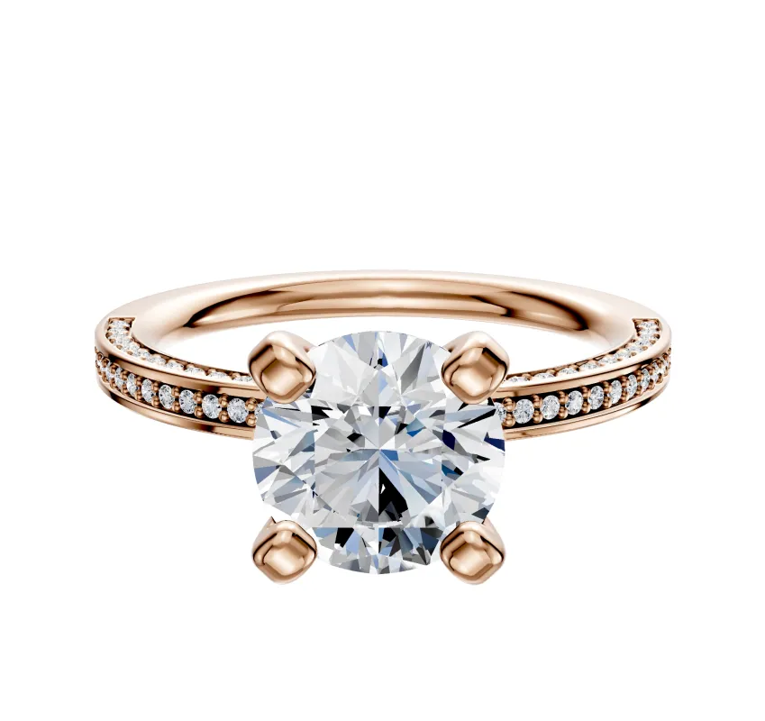 18K Rose Gold 4 Prong Classic Flat 3-Row-Pave 2.0mm Engagement Ring sold by Promise By Effy