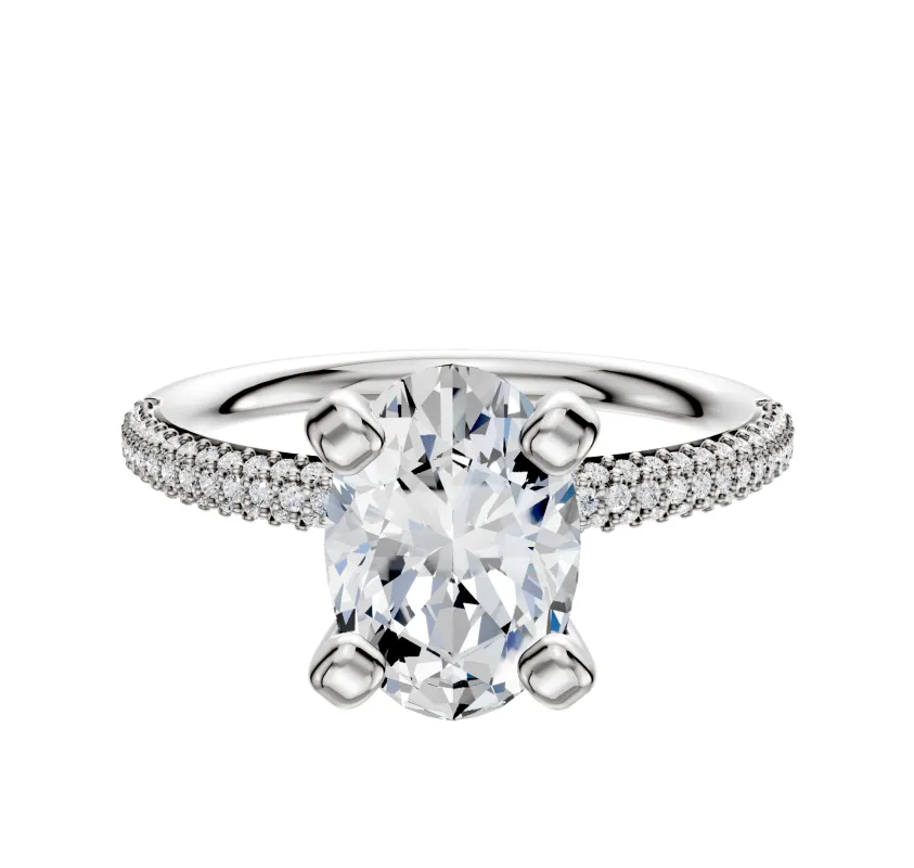 14K White Gold 4 Prong Classic Dome 3-Row-Pave 2.0mm Engagement Ring sold by Promise By Effy