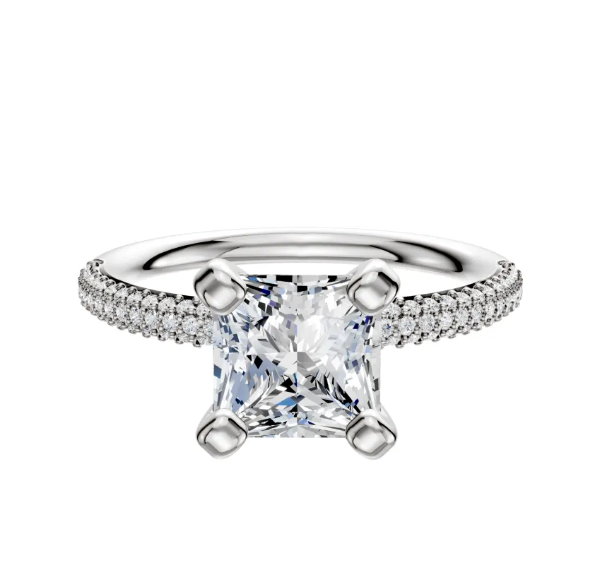 14K White Gold 4 Prong Classic Dome 3-Row-Pave 2.0mm Engagement Ring sold by Promise By Effy