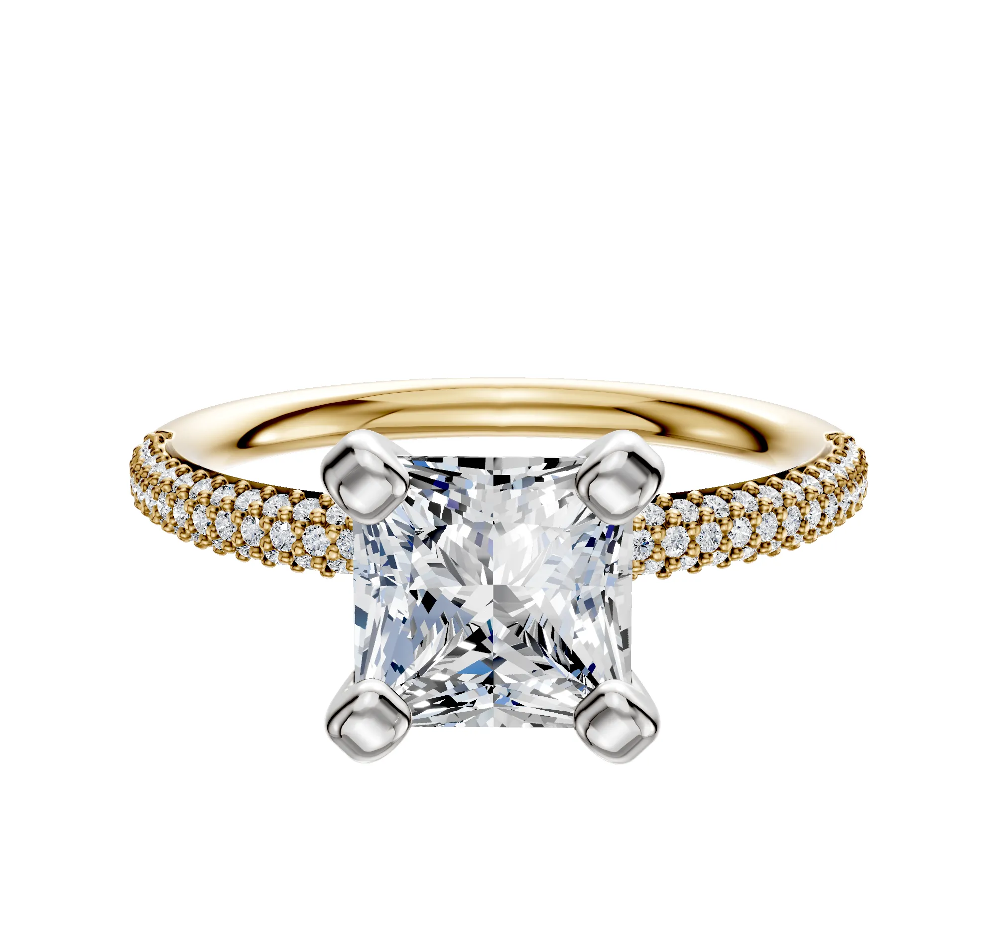 14K Two Tone 4 Prong Classic Dome 3-Row-Pave 2.0mm Engagement Ring sold by Promise By Effy