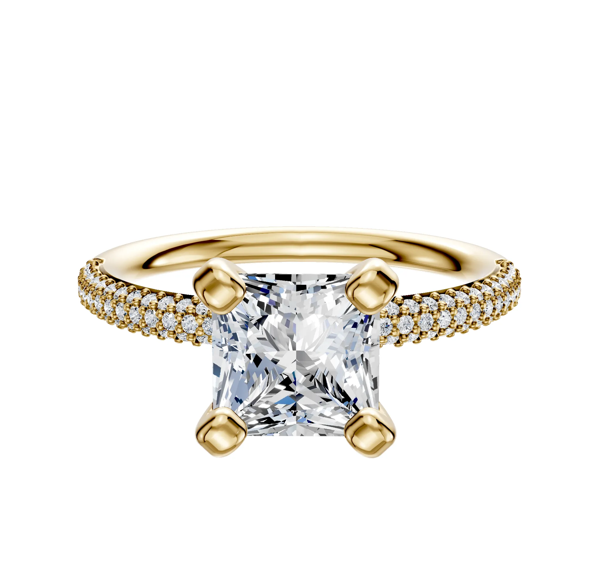18K Yellow Gold 4 Prong Classic Dome 3-Row-Pave 2.0mm Engagement Ring sold by Promise By Effy