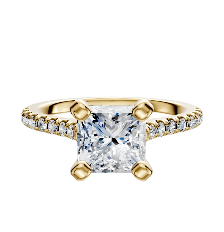 18K Yellow Gold 4 Prong Cathedral Dome 1-Row-Pave 2.5mm Engagement Ring sold by Promise By Effy