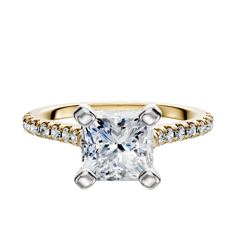 18K Two Tone 4 Prong Cathedral Dome 1-Row-Pave 2.5mm Engagement Ring sold by Promise By Effy