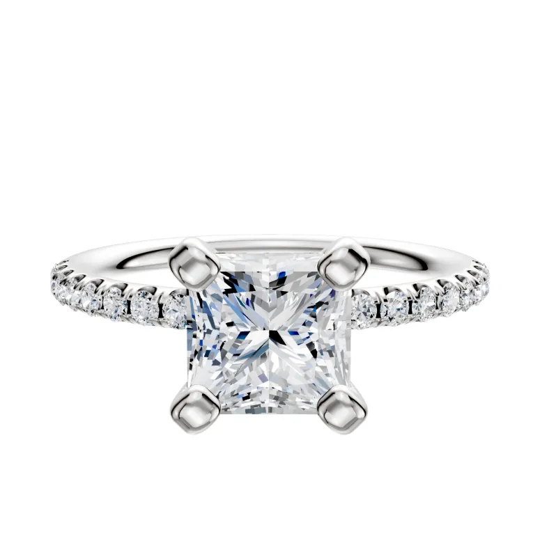 18K White Gold 4 Prong Classic Dome 1-Row-Pave 2.5mm Engagement Ring sold by Promise By Effy
