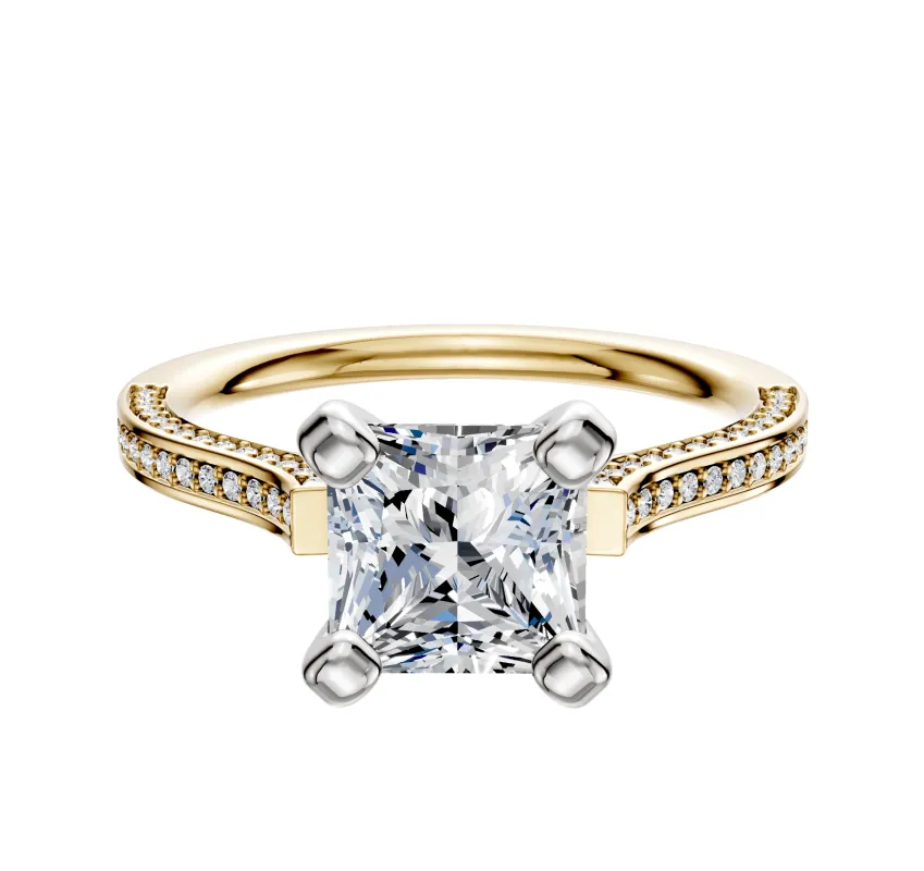 18K Two Tone 4 Prong Cathedral Flat 3-Row-Pave 2.0mm Engagement Ring sold by Promise By Effy