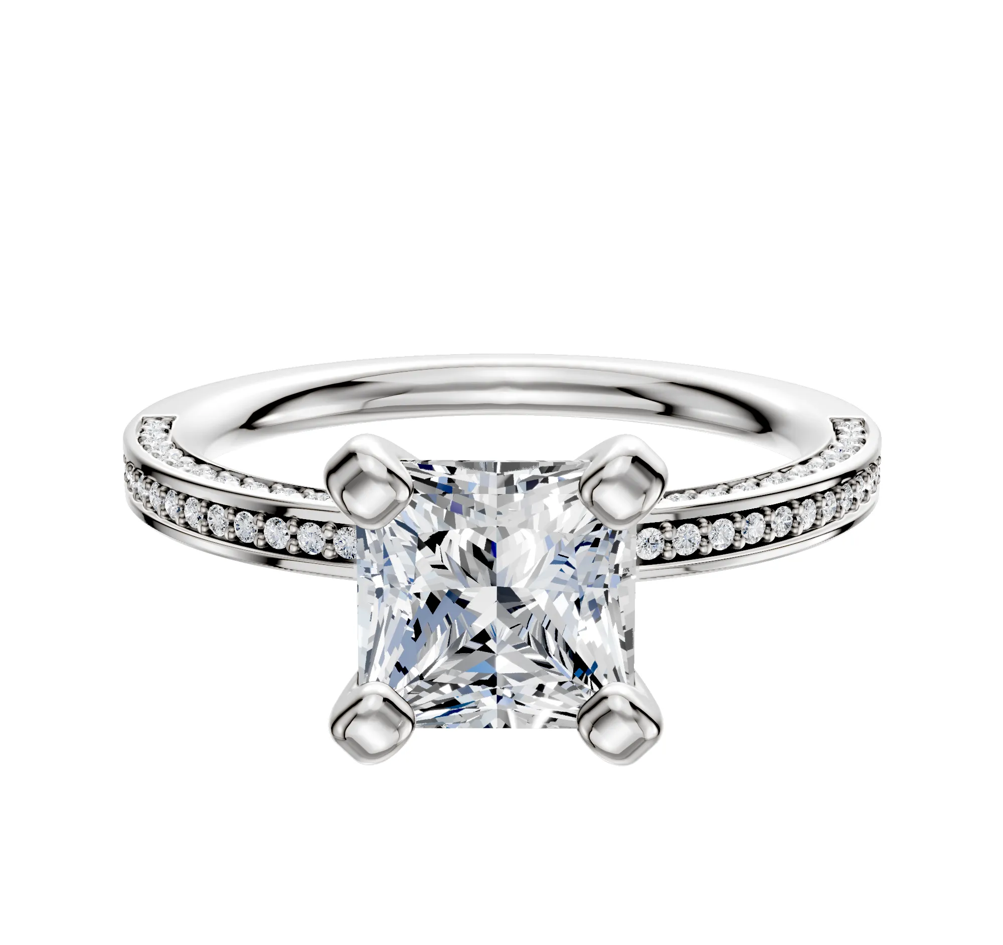 14K White Gold 4 Prong Classic Flat 3-Row-Pave 2.0mm Engagement Ring sold by Promise By Effy