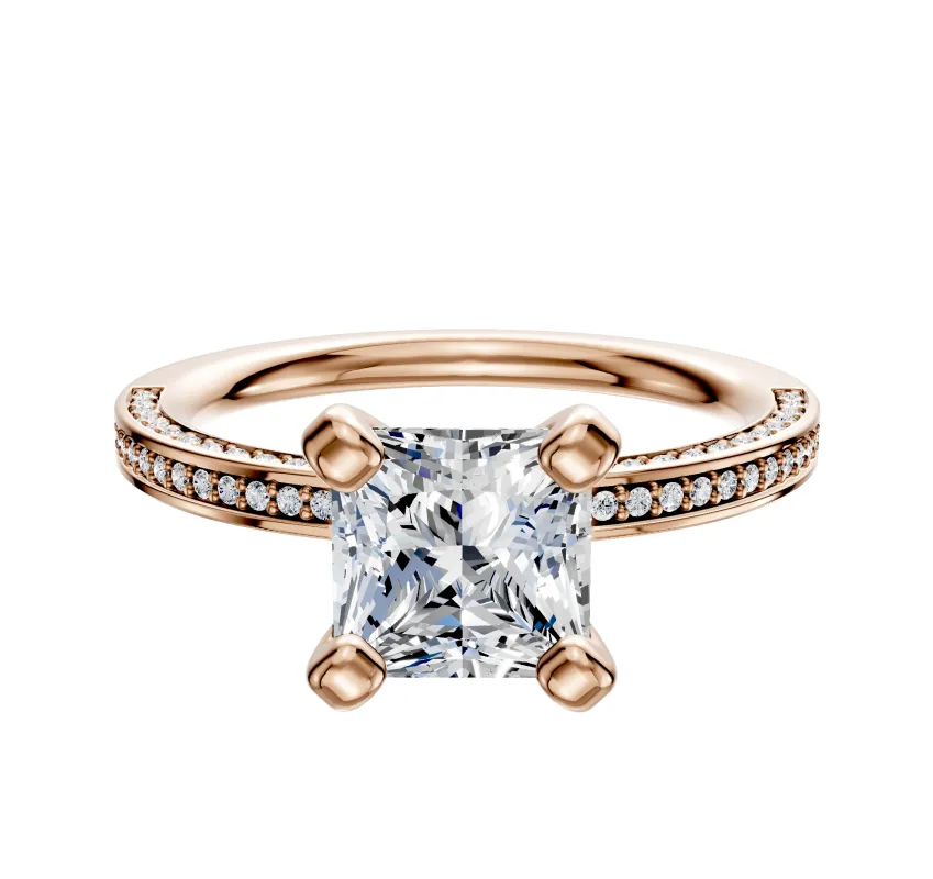 14K Rose Gold 4 Prong Classic Flat 3-Row-Pave 2.0mm Engagement Ring sold by Promise By Effy