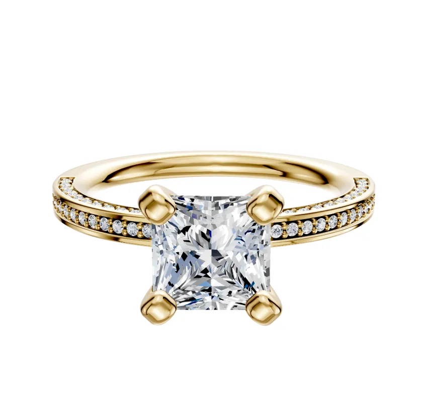 18K Yellow Gold 4 Prong Classic Flat 3-Row-Pave 2.0mm Engagement Ring sold by Promise By Effy