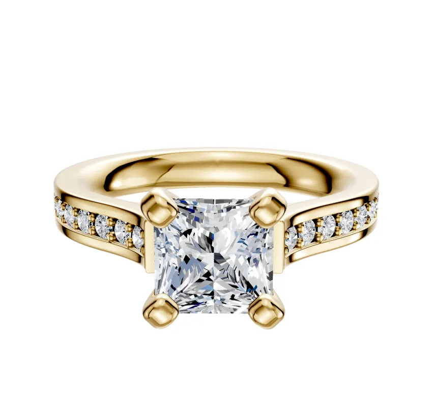 14K Yellow Gold 4 Prong Cathedral Flat 1-Row-Pave 2.5mm Engagement Ring sold by Promise By Effy