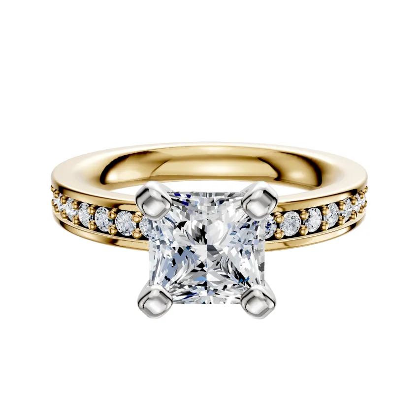 14K Two Tone 4 Prong Classic Flat 1-Row-Pave 2.5mm Engagement Ring sold by Promise By Effy