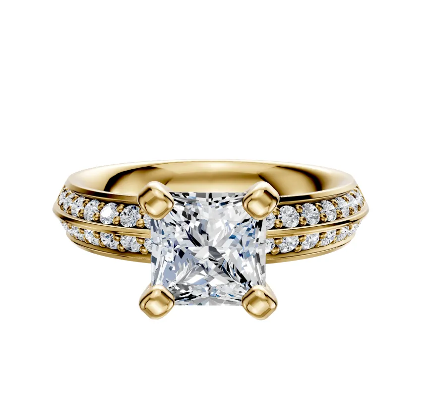 14K Yellow Gold 4 Prong Classic Knife Edge 1-Row-Pave 2.5mm Engagement Ring sold by Promise By Effy