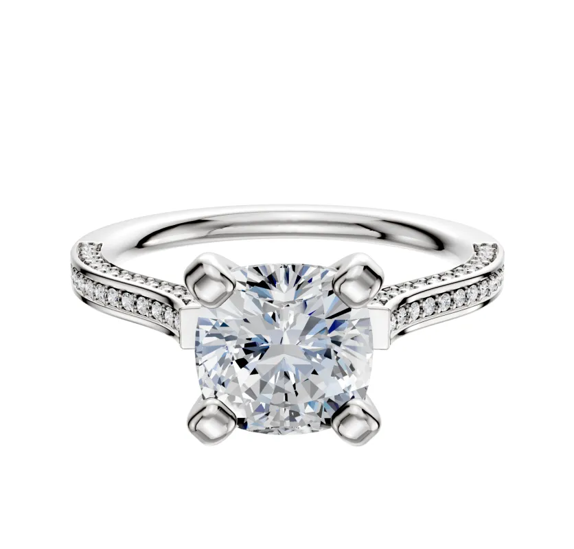 14K White Gold 4 Prong Cathedral Flat 3-Row-Pave 2.0mm Engagement Ring made by Promise By Effy