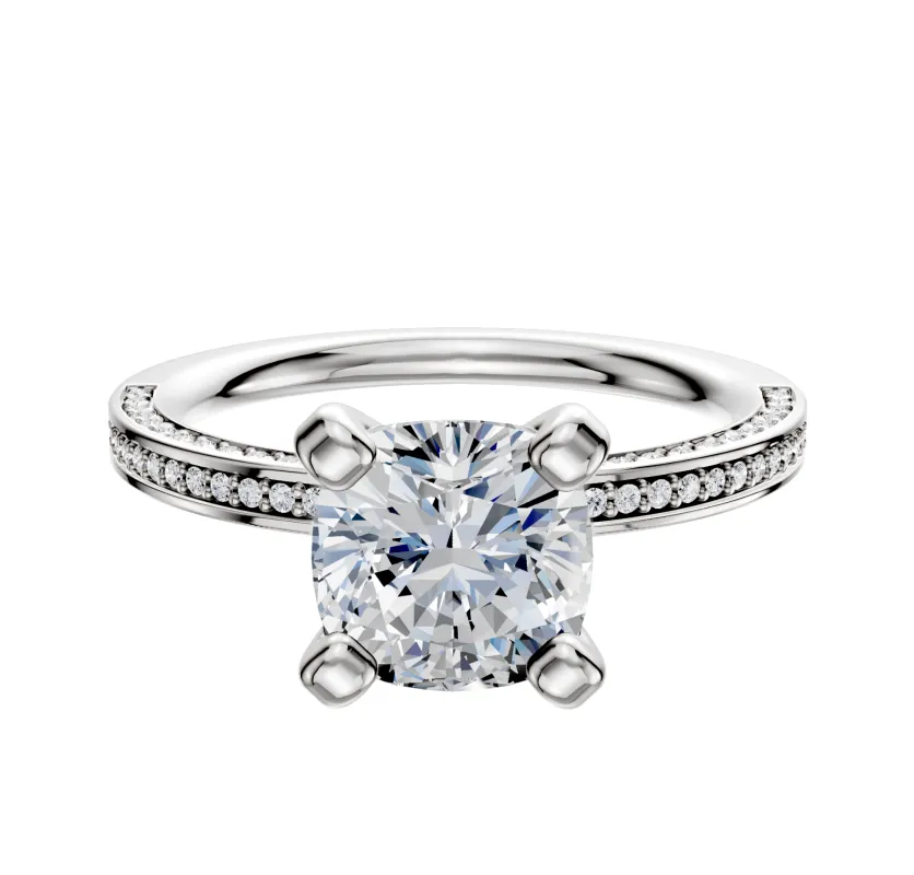 18K White Gold 4 Prong Classic Flat 3-Row-Pave 2.0mm Engagement Ring sold by Promise By Effy