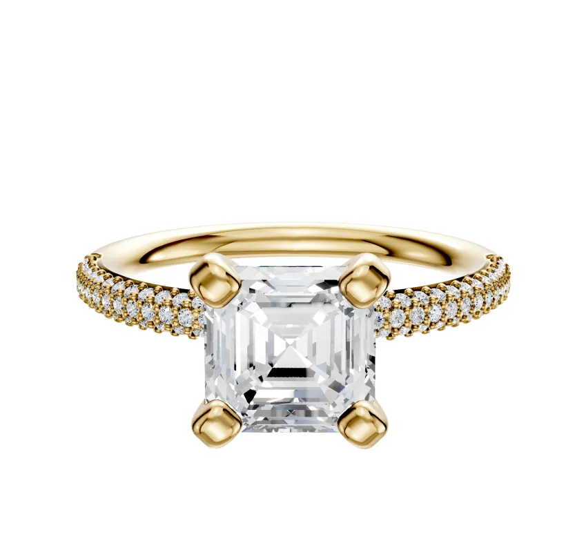 14K Yellow Gold 4 Prong Classic Dome 3-Row-Pave 2.0mm Engagement Ring sold by Promise By Effy