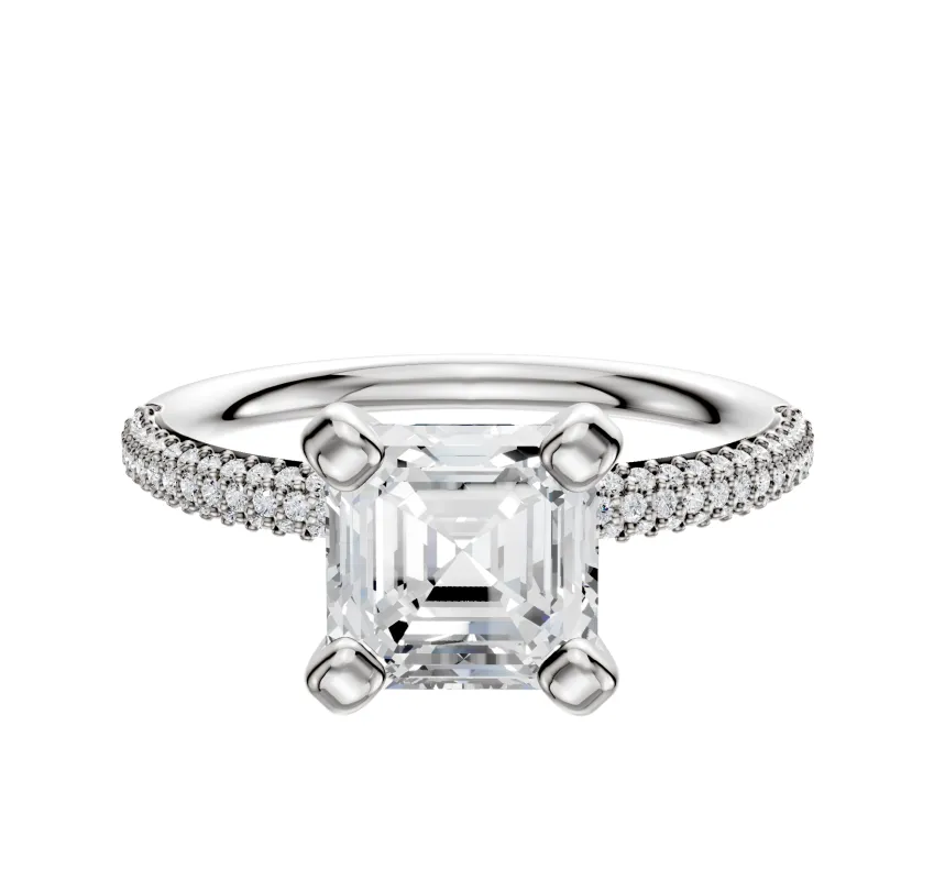 18K White Gold 4 Prong Classic Dome 3-Row-Pave 2.0mm Engagement Ring sold by Promise By Effy