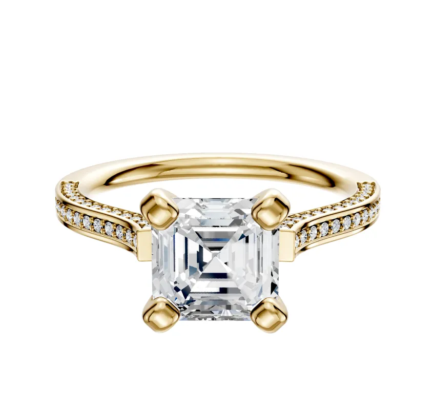 14K Yellow Gold 4 Prong Cathedral Flat 3-Row-Pave 2.0mm Engagement Ring sold by Promise By Effy