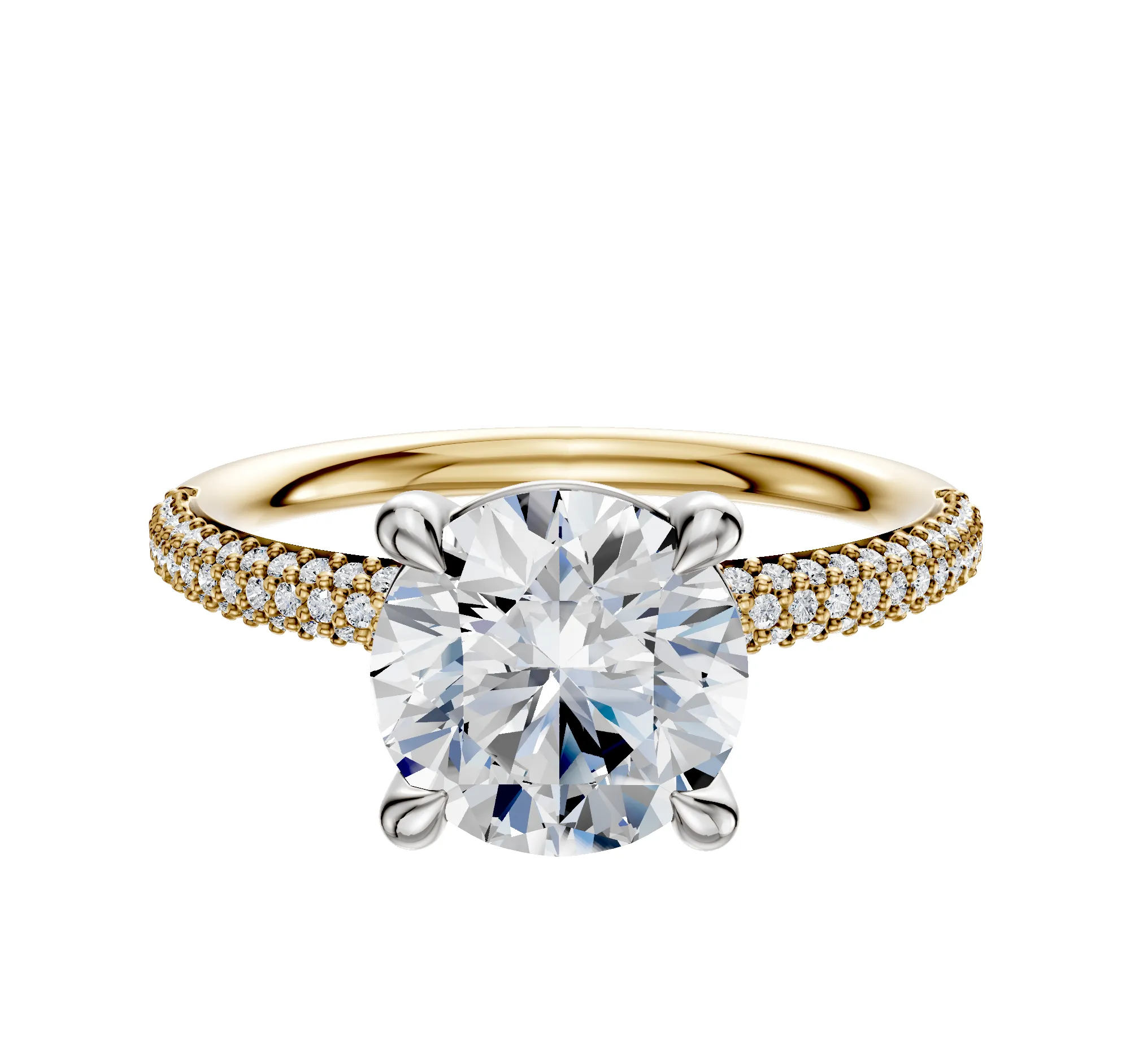 14K Two Tone 4 Prong Basket Classic Dome 3-Row-Pave 2.0mm Engagement Ring sold by Promise By Effy