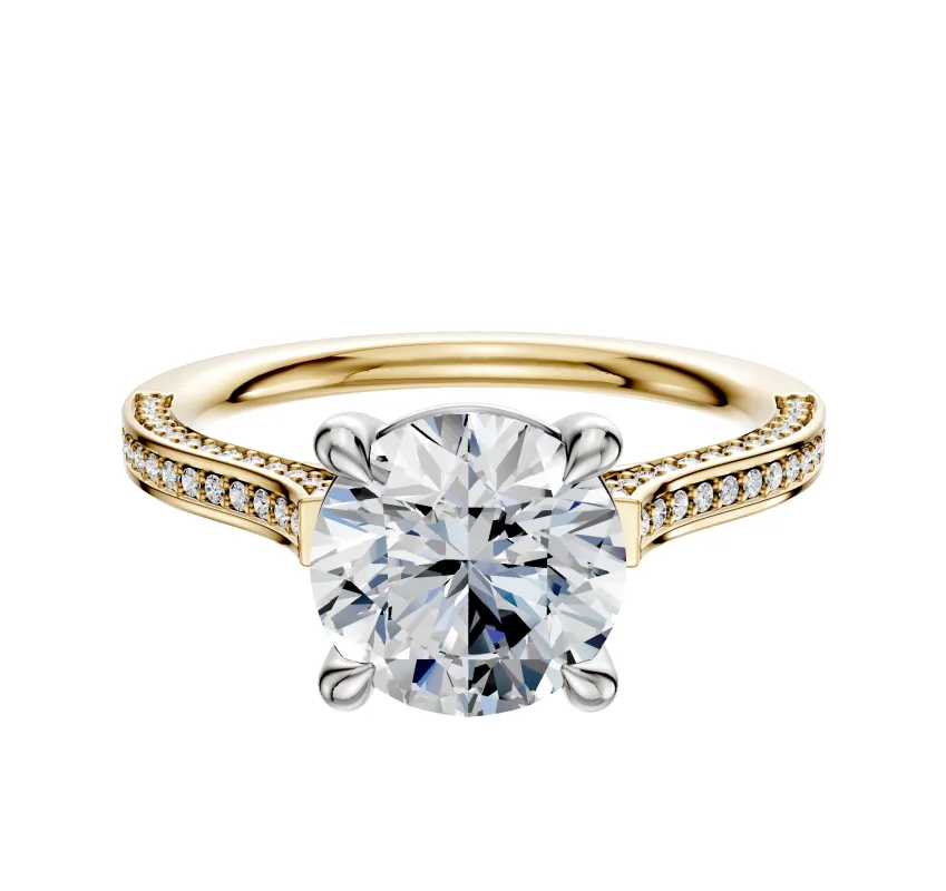 18K Two Tone 4 Prong Basket Cathedral Flat 3-Row-Pave 2.0mm Engagement Ring sold by Promise By Effy