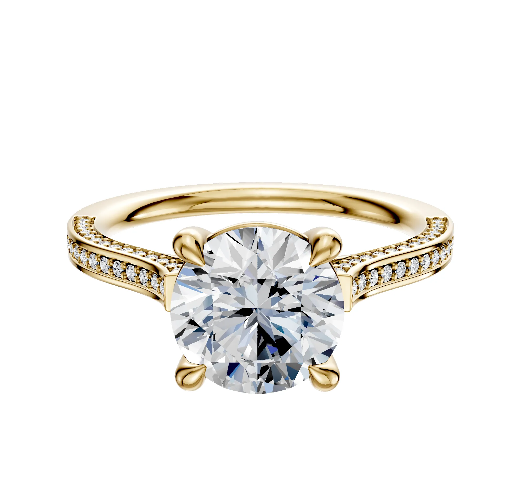 18K Yellow Gold 4 Prong Basket Cathedral Flat 3-Row-Pave 2.0mm Engagement Ring sold by Promise By Effy