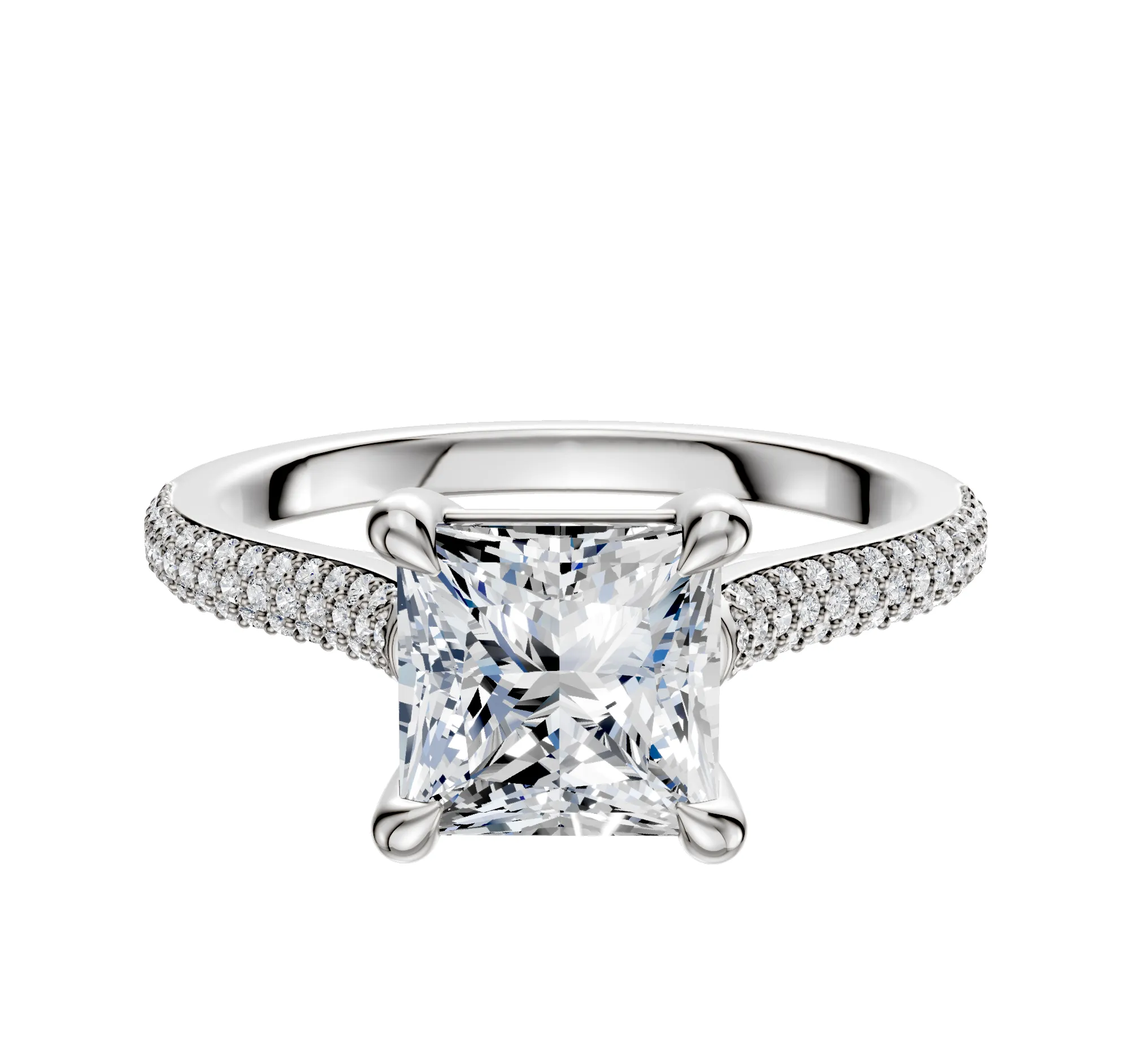 14K White Gold 4 Prong Basket Cathedral Dome 3-Row-Pave 2.0mm Engagement Ring sold by Promise By Effy