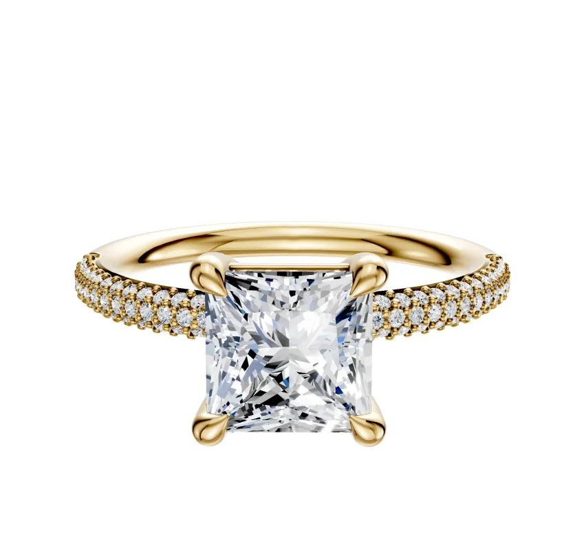 18K Yellow Gold 4 Prong Basket Classic Dome 3-Row-Pave 2.0mm Engagement Ring sold by Promise By Effy