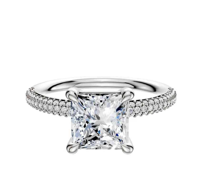 18K White Gold 4 Prong Basket Classic Dome 3-Row-Pave 2.0mm Engagement Ring sold by Promise By Effy