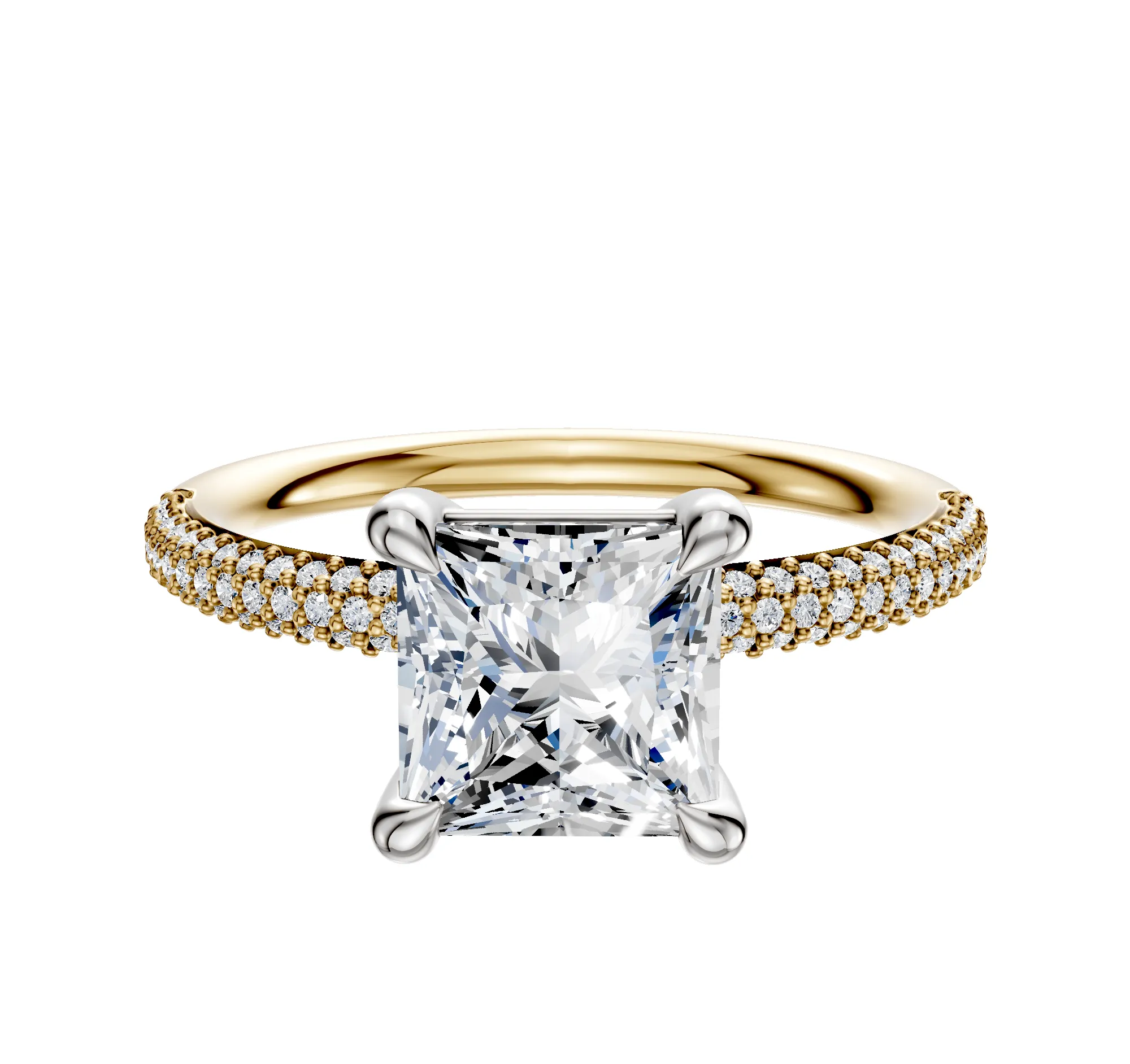 18K Two Tone 4 Prong Basket Classic Dome 3-Row-Pave 2.0mm Engagement Ring sold by Promise By Effy