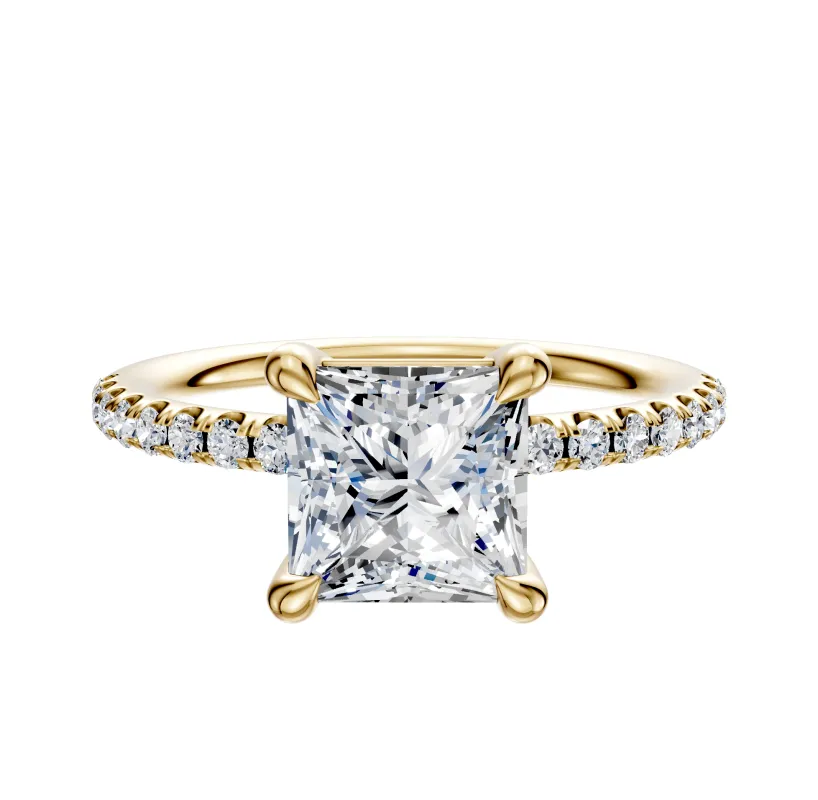 18K Yellow Gold 4 Prong Basket Classic Dome 1-Row-Pave 2.5mm Engagement Ring made by Promise By Effy