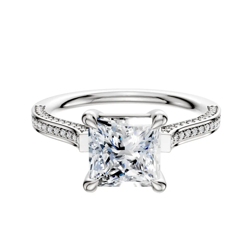 14K White Gold 4 Prong Basket Cathedral Flat 3-Row-Pave 2.0mm Engagement Ring sold by Promise By Effy