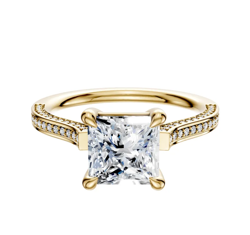 14K Yellow Gold 4 Prong Basket Cathedral Flat 3-Row-Pave 2.0mm Engagement Ring sold by Promise By Effy