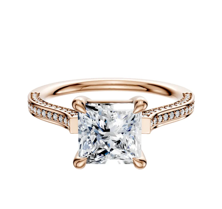 18K Rose Gold 4 Prong Basket Cathedral Flat 3-Row-Pave 2.0mm Engagement Ring sold by Promise By Effy