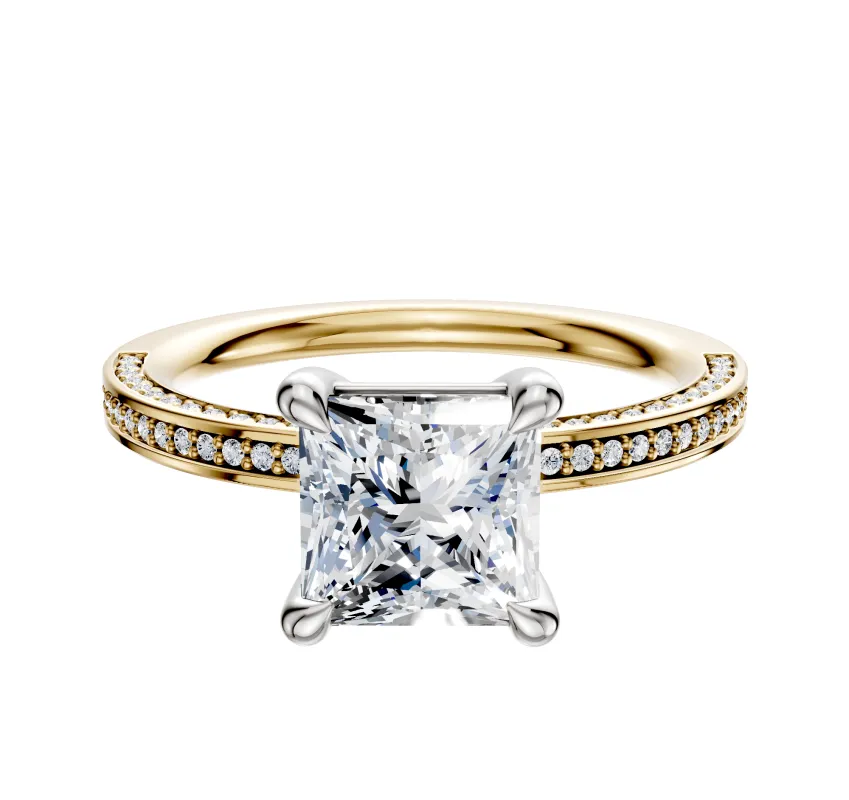 14K Two Tone 4 Prong Basket Classic Flat 3-Row-Pave 2.0mm Engagement Ring made by Promise By Effy