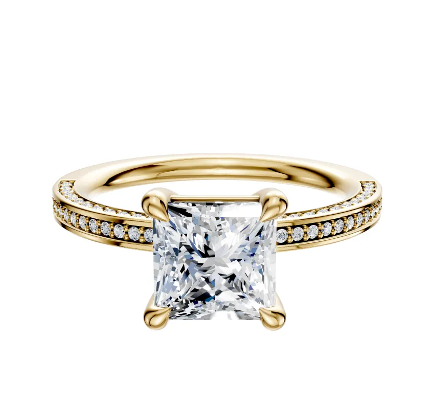 18K Yellow Gold 4 Prong Basket Classic Flat 3-Row-Pave 2.0mm Engagement Ring sold by Promise By Effy