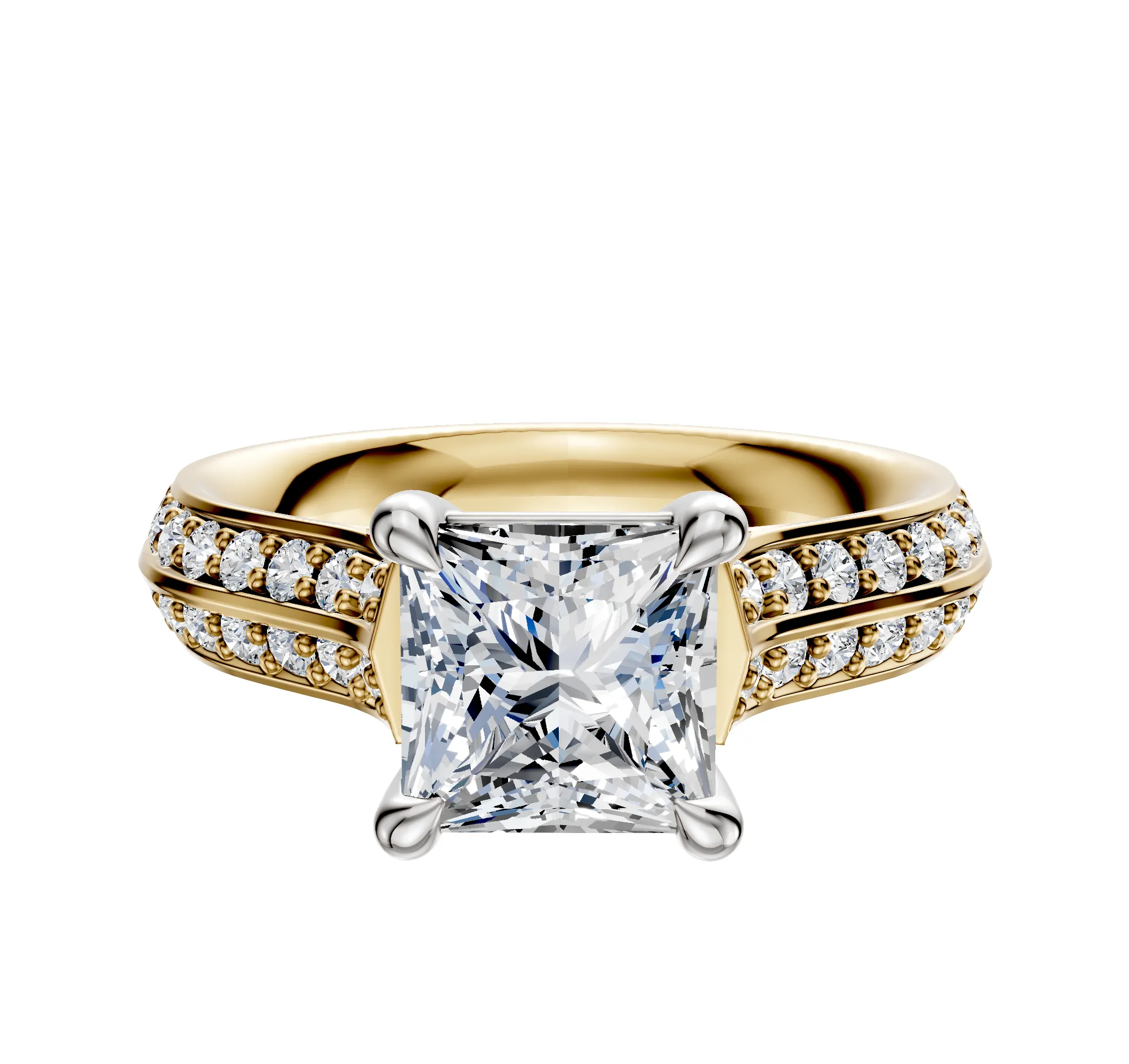 14K Two Tone 4 Prong Basket Cathedral Knife Edge 1-Row-Pave 2.5mm Engagement Ring sold by Promise By Effy